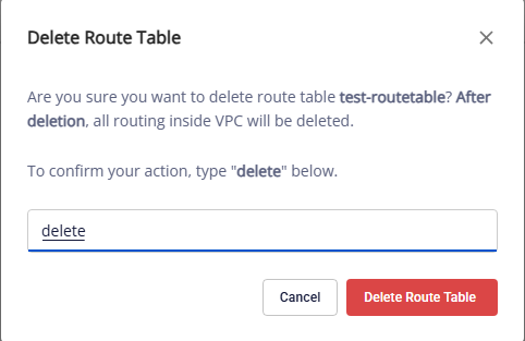Delete Route Table confirmation dialog