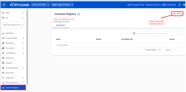 Container Registry activation screen