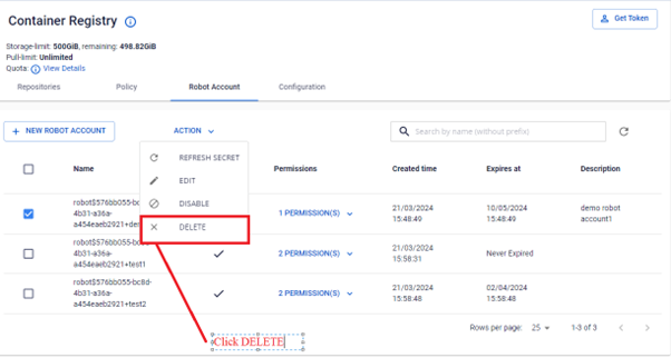 Select ACTION DELETE