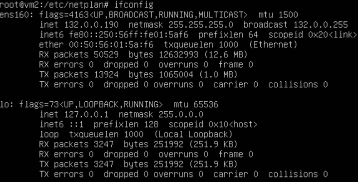 ifconfig output showing the new static IP after applying configuration