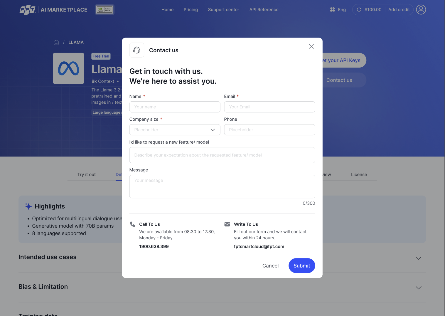 Contact Us pop-up form accessible from the navigation menu and product pages