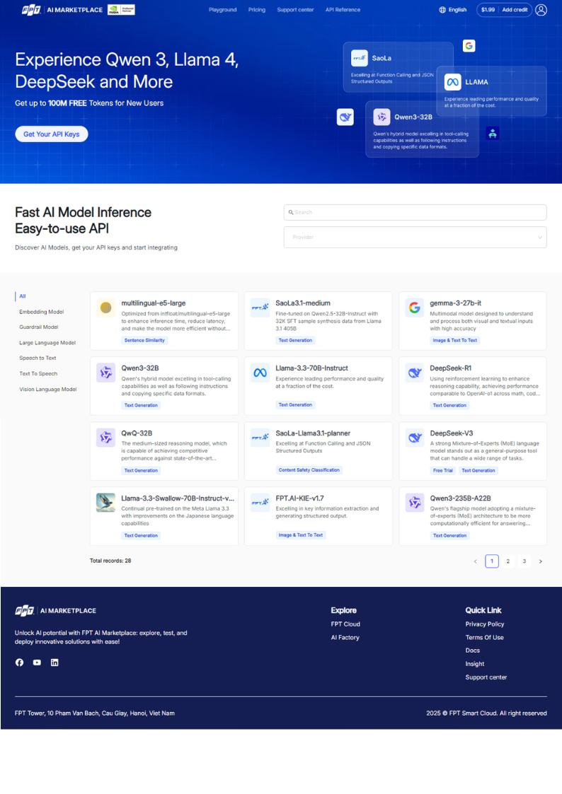 AI Marketplace home page showing available model cards