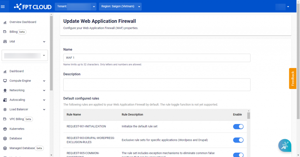 WAF server edit form