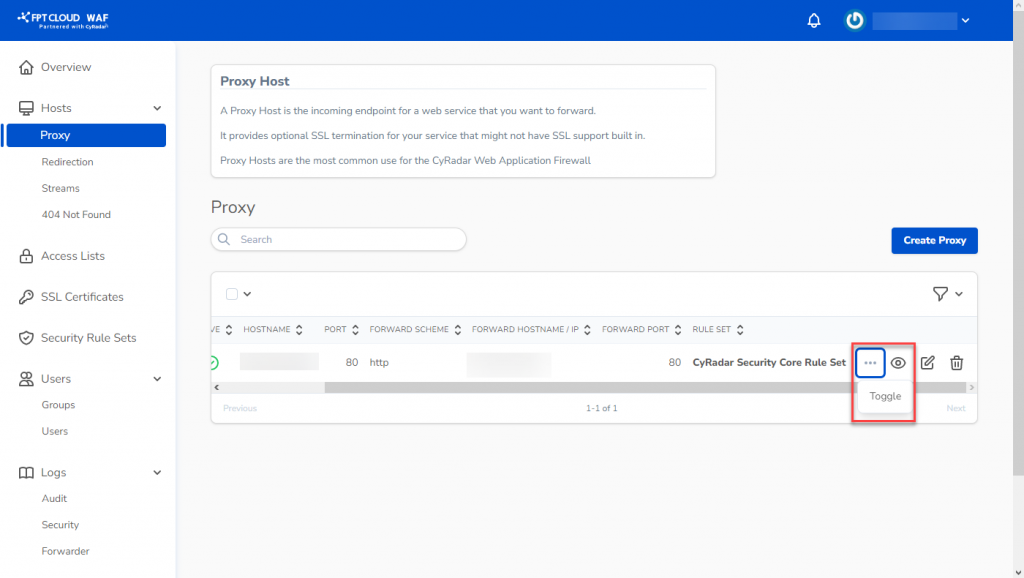 Select Toggle on proxy host