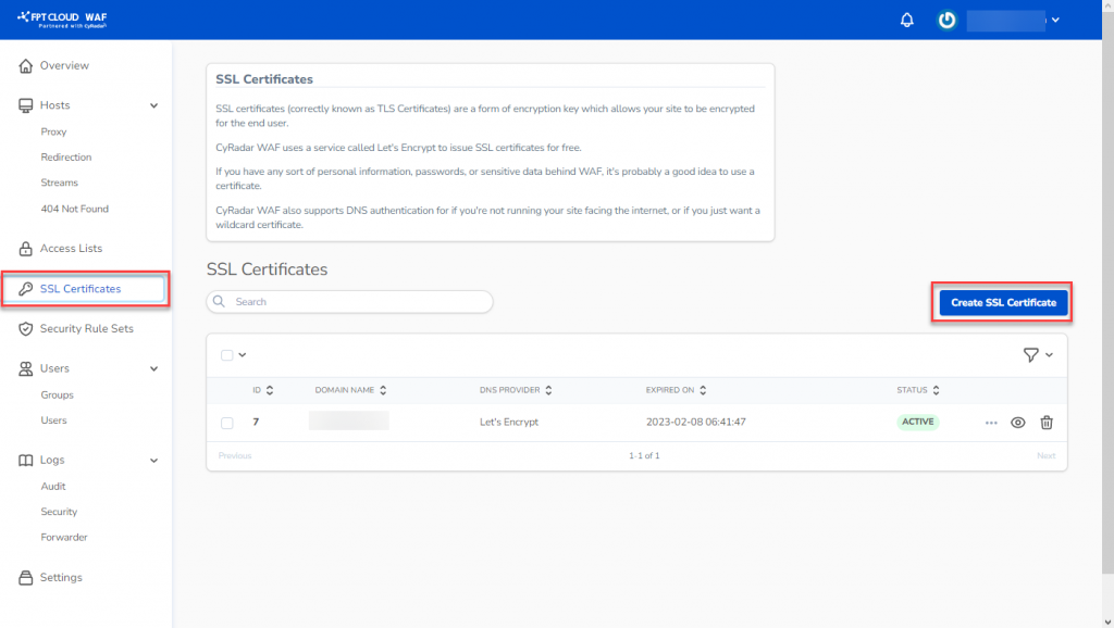SSL certificate management screen