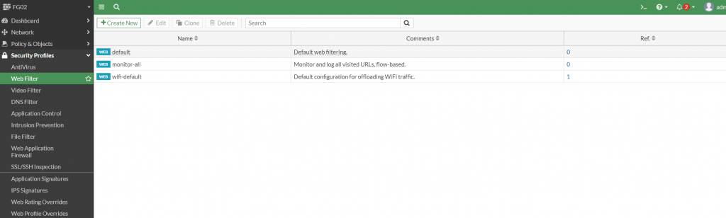 Web Filter profile list