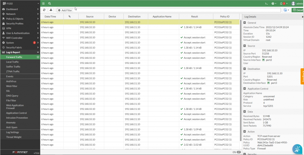 Forward Traffic log list