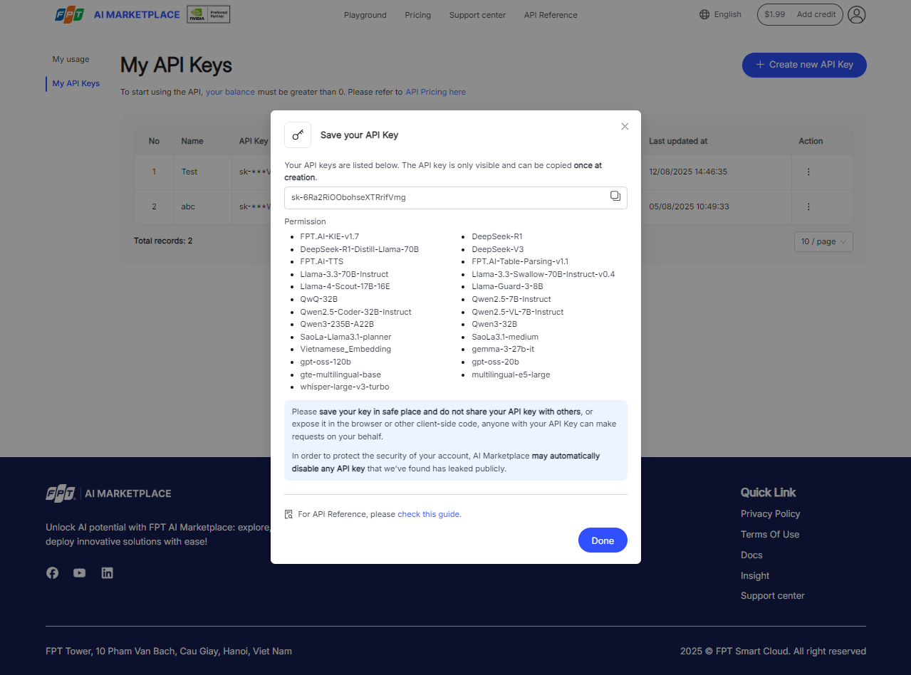 Done button confirming API key creation