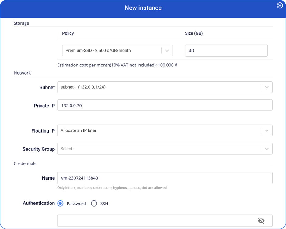 Instance creation screen