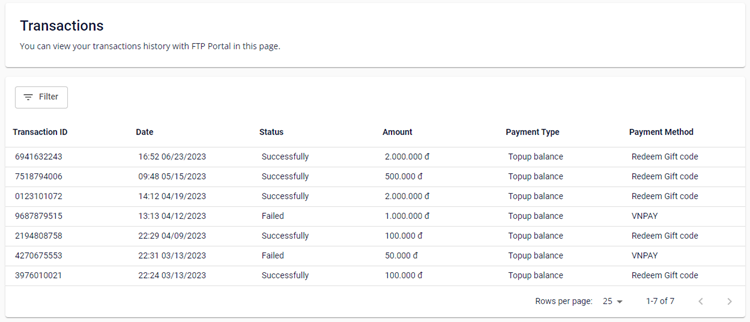 Transaction history page