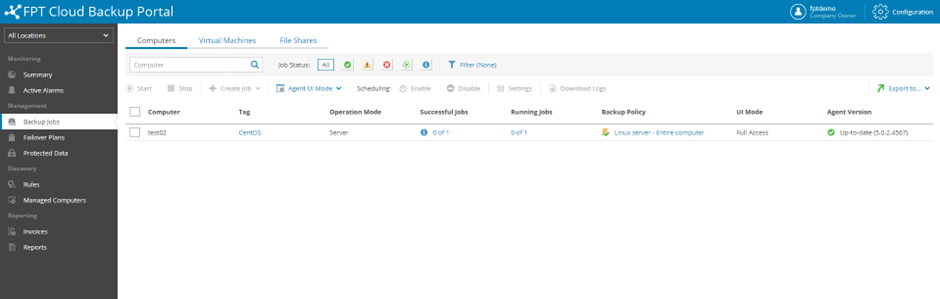 Backup job visible in portal