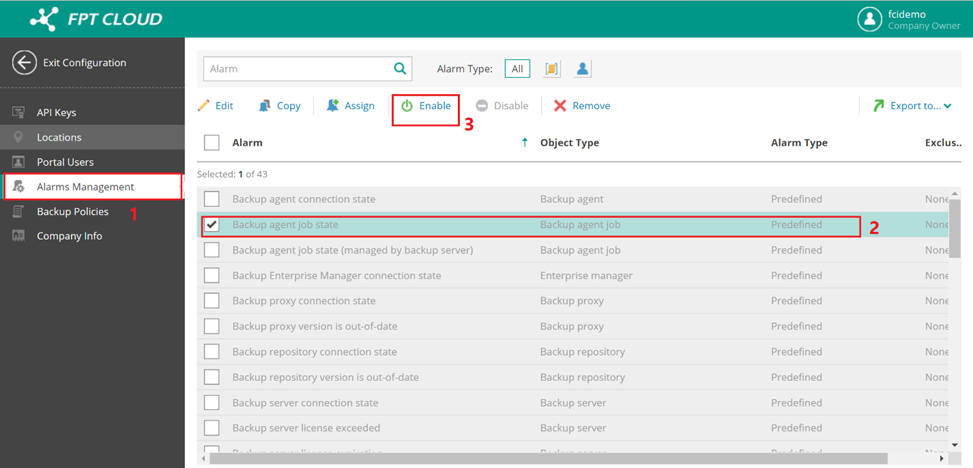 Select and enable alarm