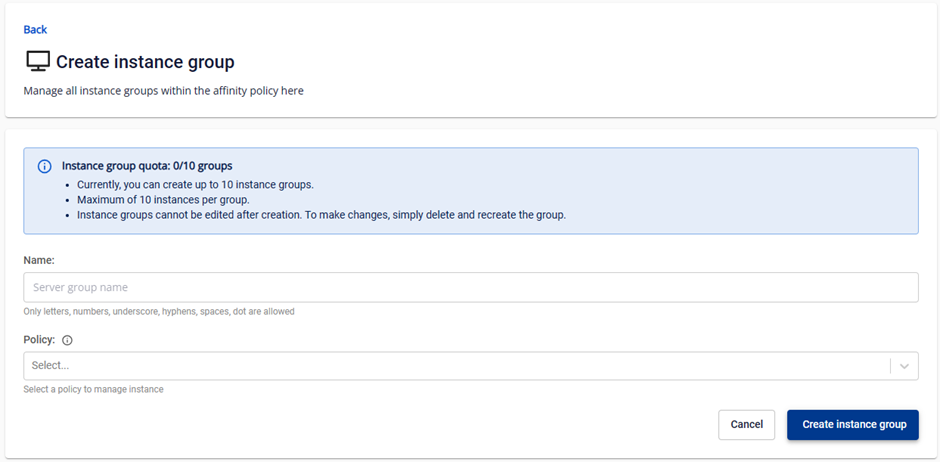 Create Instance Group form