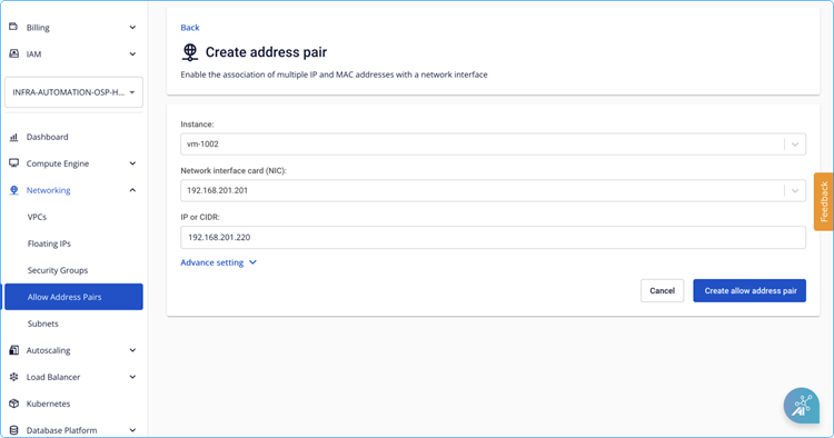 Configure allow IP address pair