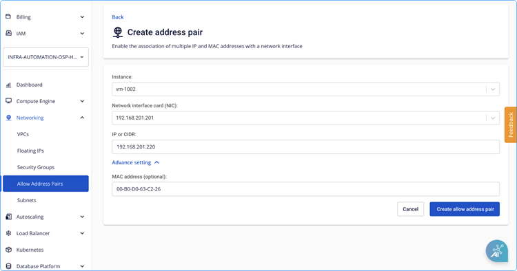 Configure allow MAC address pair