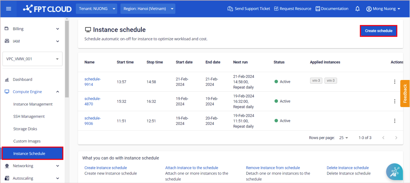Instance schedule list screen