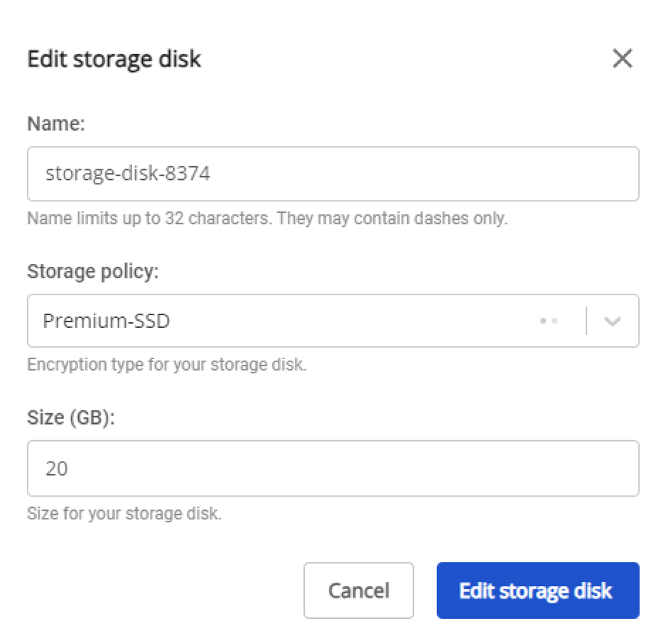 Edit Storage Disk dialog
