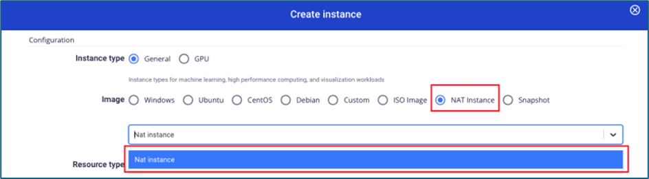 Create NAT Instance screen