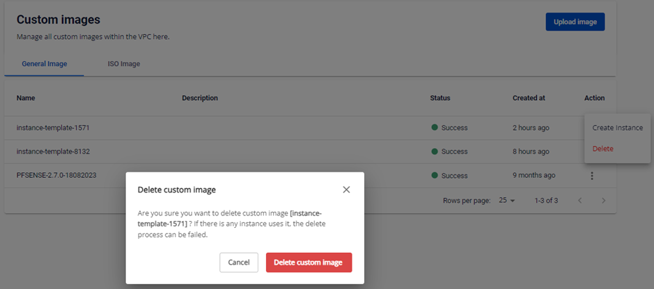 Actions menu with Delete custom image option