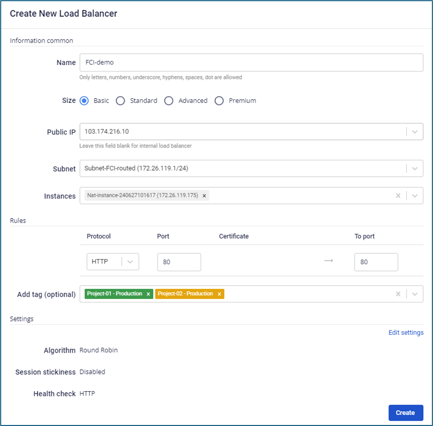 Create load balancer dialog with Add tag field