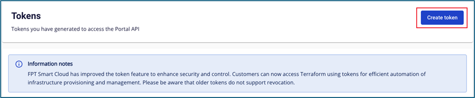 Token page with Create token button