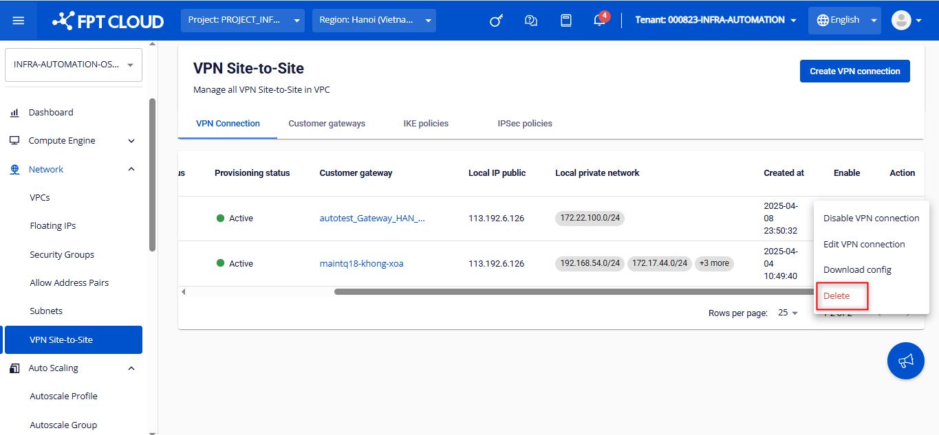Delete VPN connection