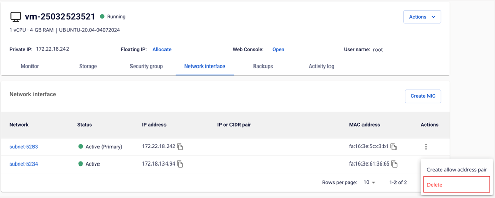 Actions menu with Delete option for the network card