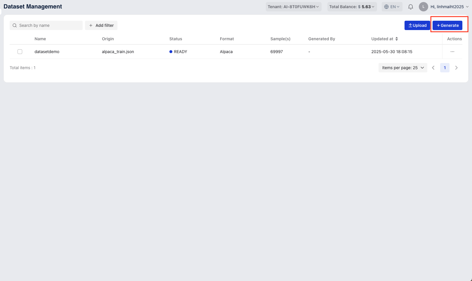 Generate Dataset dialog