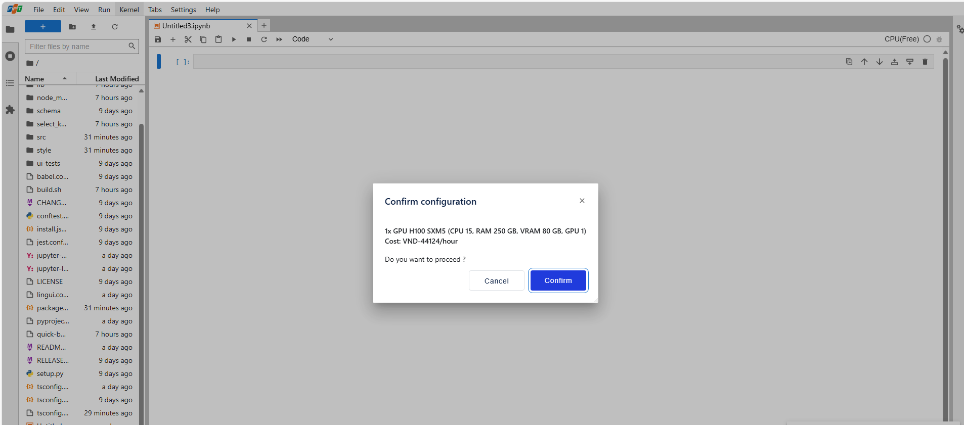 GPU notebook confirmation pop-up dialog