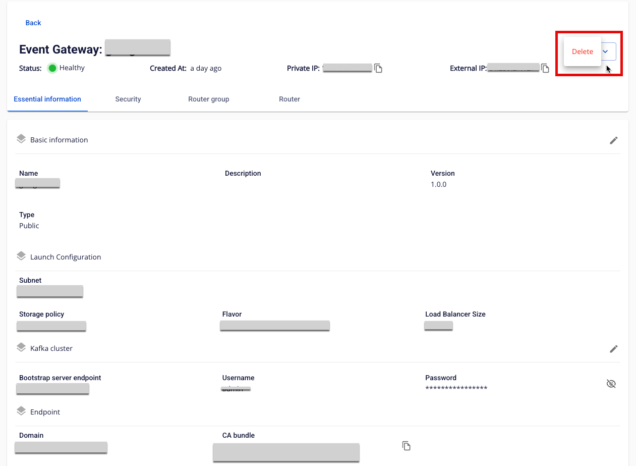 Event Gateway list with Action menu open