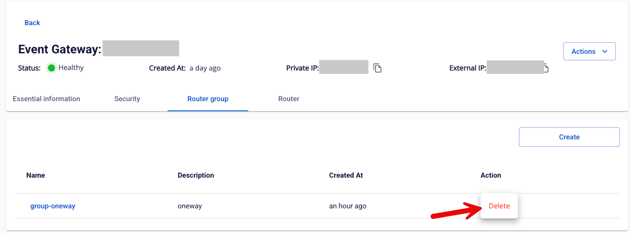 Router Group list with Action menu open