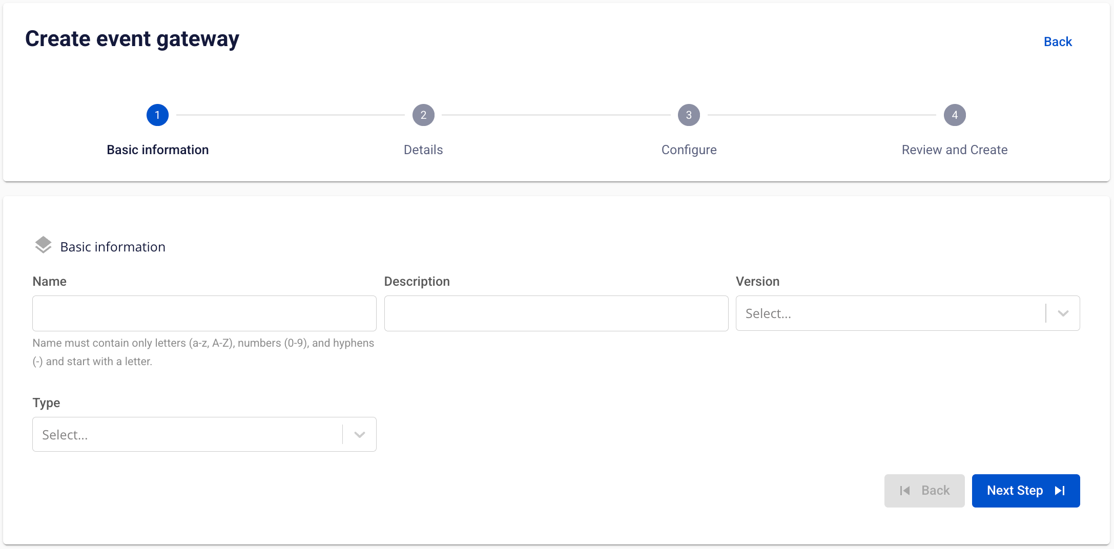 Event Gateway basic information form