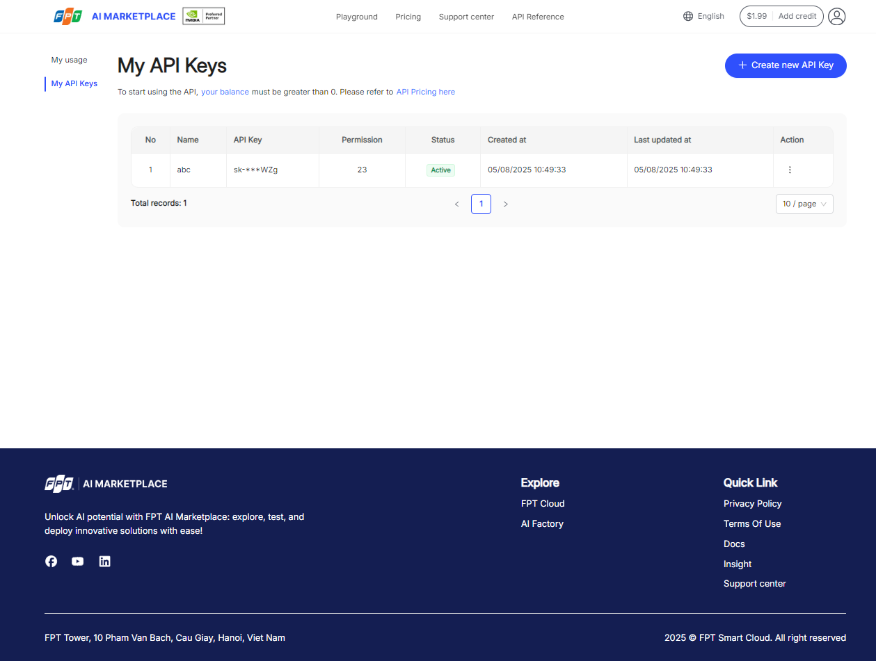 My API Keys page listing all API keys with their status