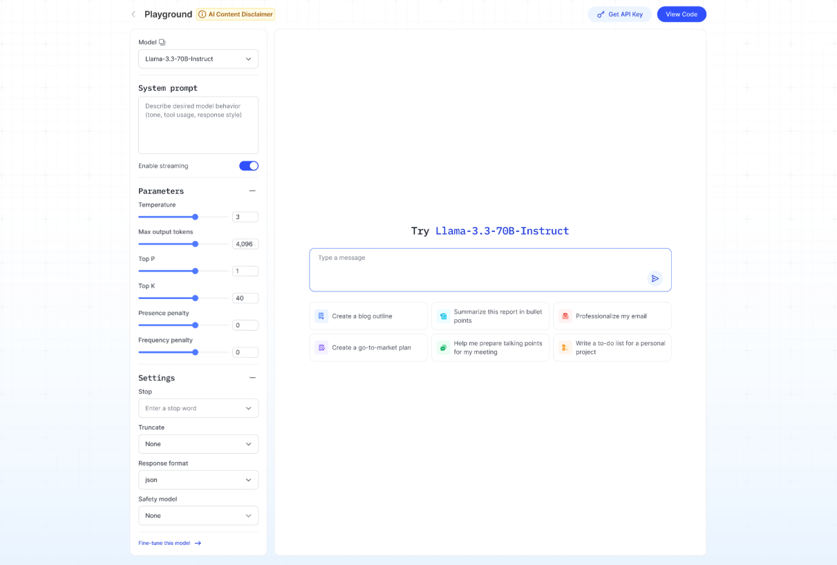 Playground main interface with model selection and prompt input