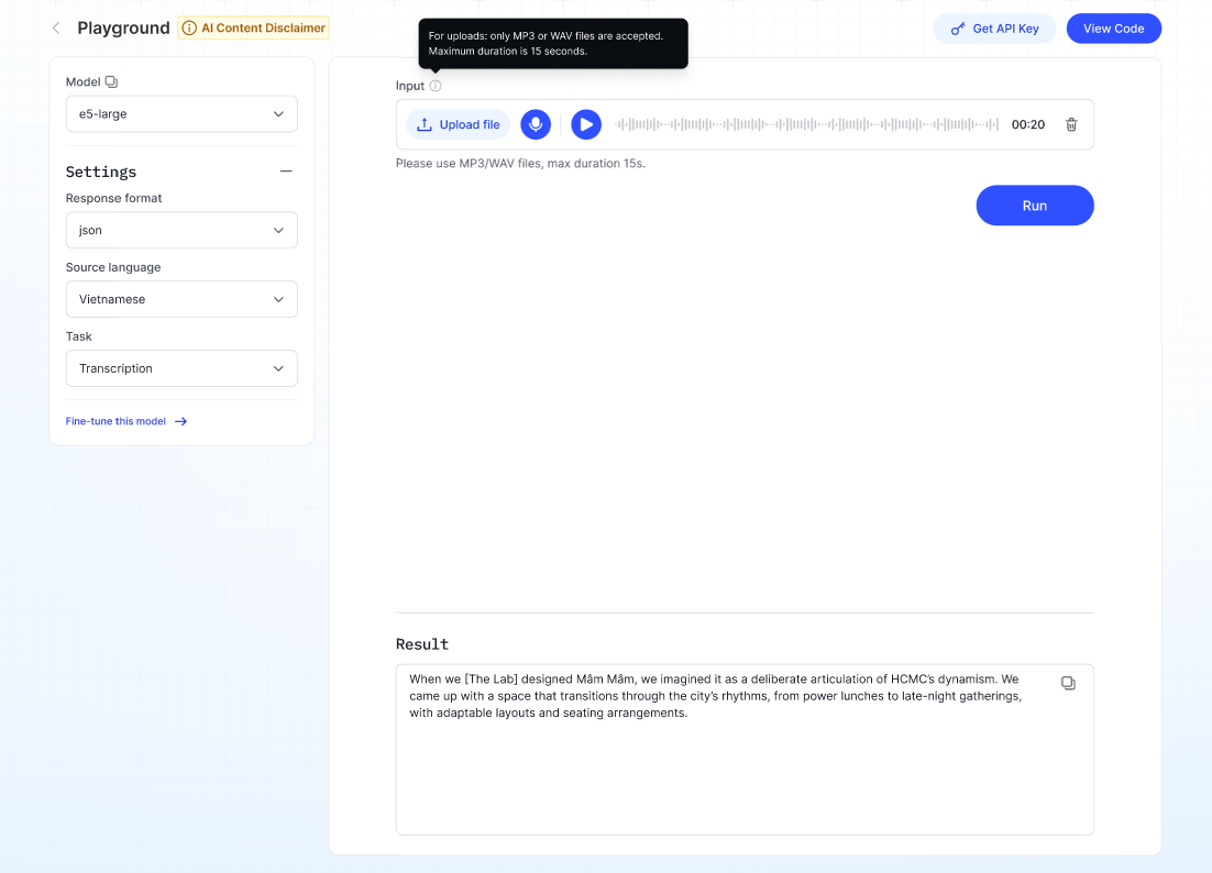 STT playground interface with model selection and audio upload