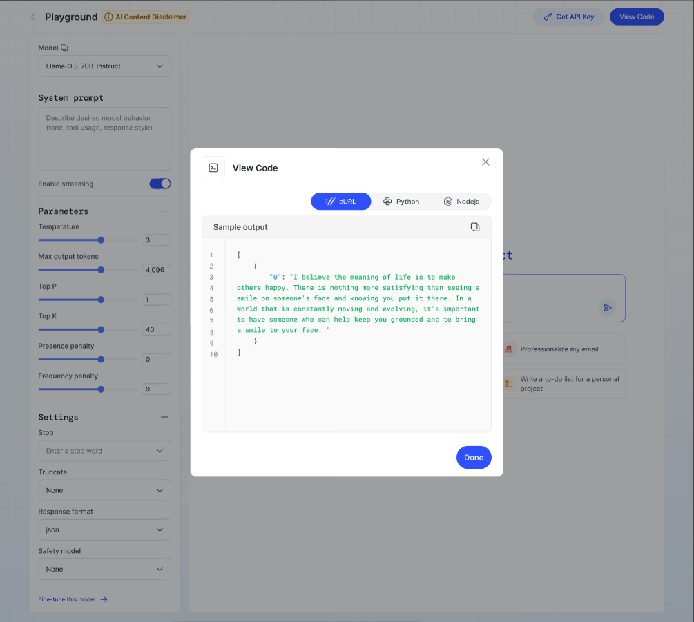 View Code pop-up showing cURL, Python, and Node.js sample snippets