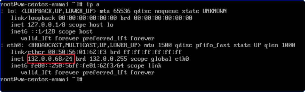 CentOS VMのConsoleでのip aコマンドの出力