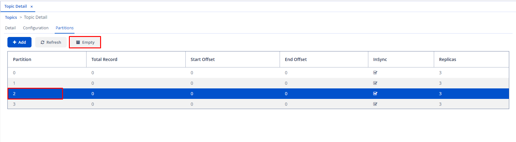 partitionが選択されEmptyボタンが表示されたPartitionタブ