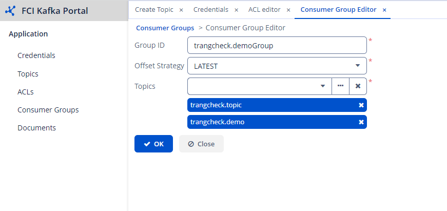 グループ名とtopicフィールドを含む新規consumer group作成フォーム