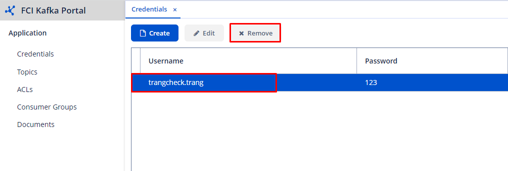 Removeボタンが表示されたcredentialリスト