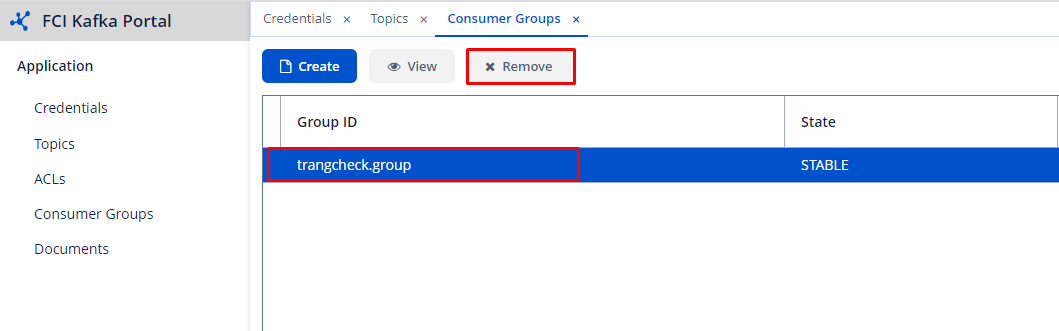 Removeボタンが表示されたconsumer groupリスト
