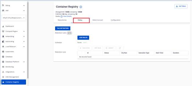 Container Registry の Policy タブ