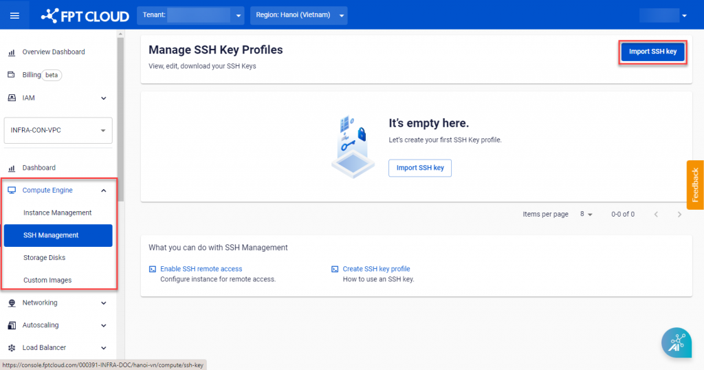 Import SSH keyボタンがあるSSH Management画面