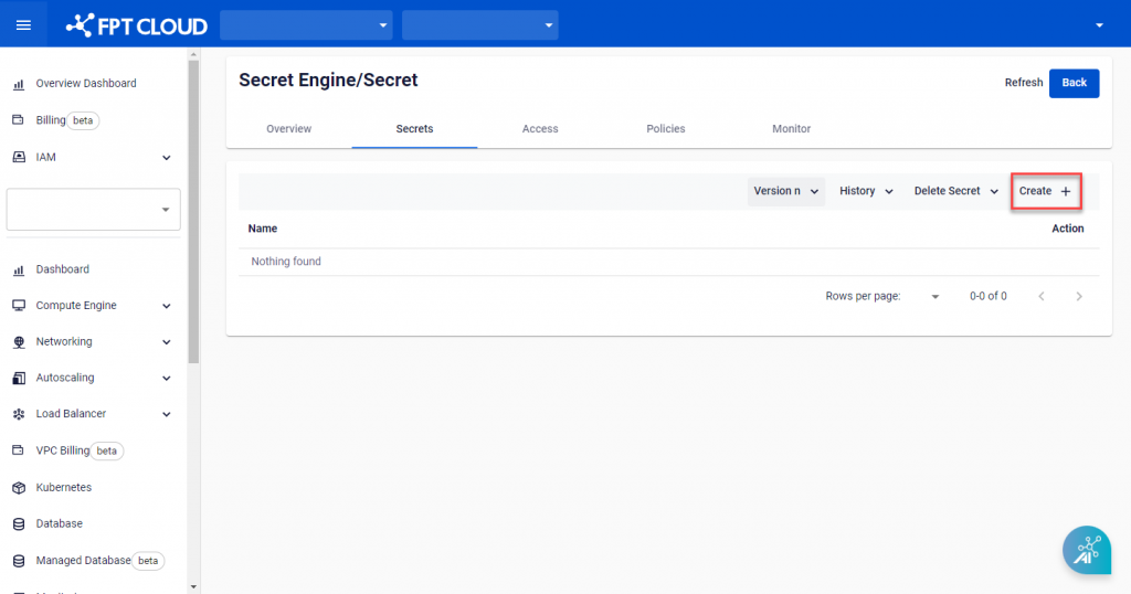 Createボタンが表示されたSecret一覧