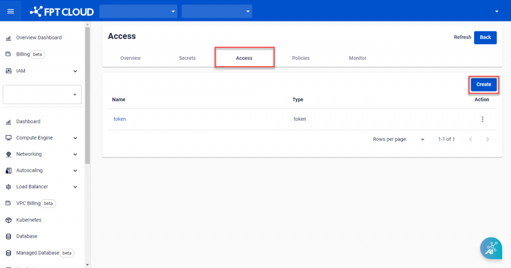 Createボタンが表示されたAccessタブ