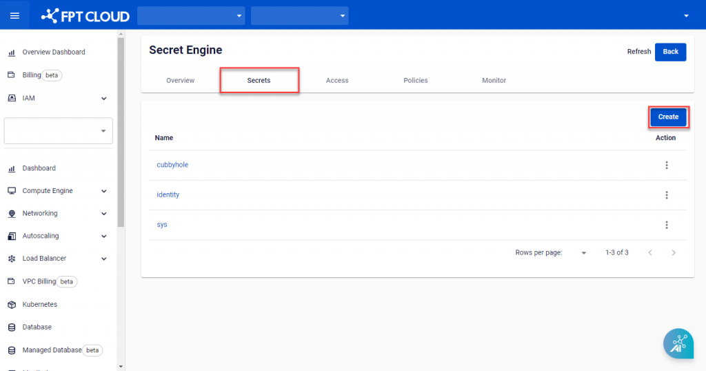 Createボタンが表示されたSecretタブ
