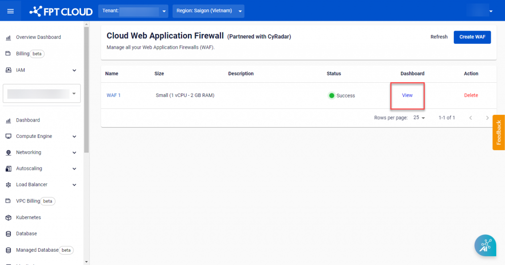 ポータルからWAF Dashboardにアクセス