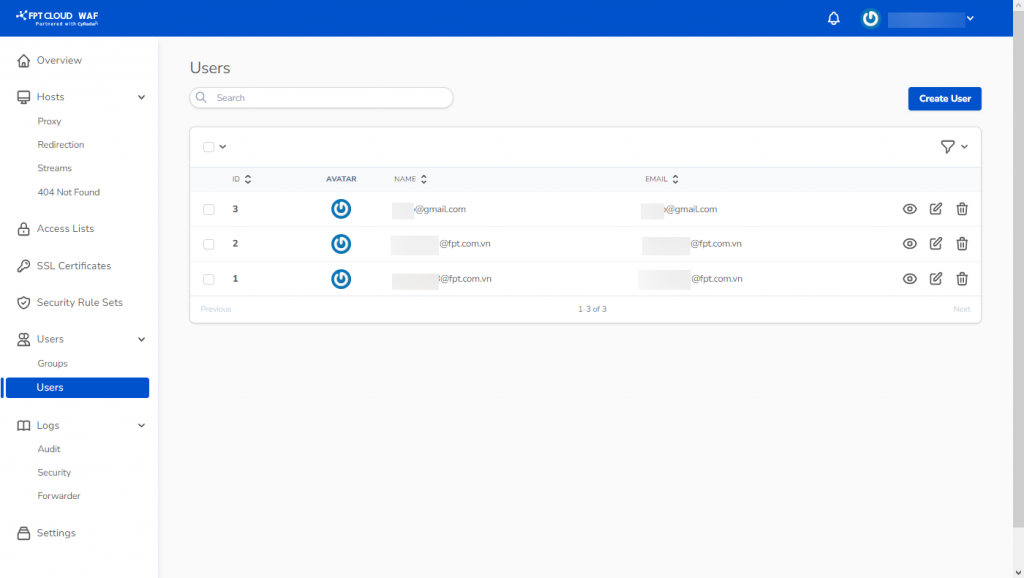 WAF Dashboardユーザー管理画面