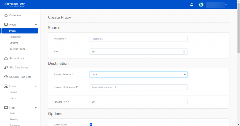 proxy host詳細の入力
