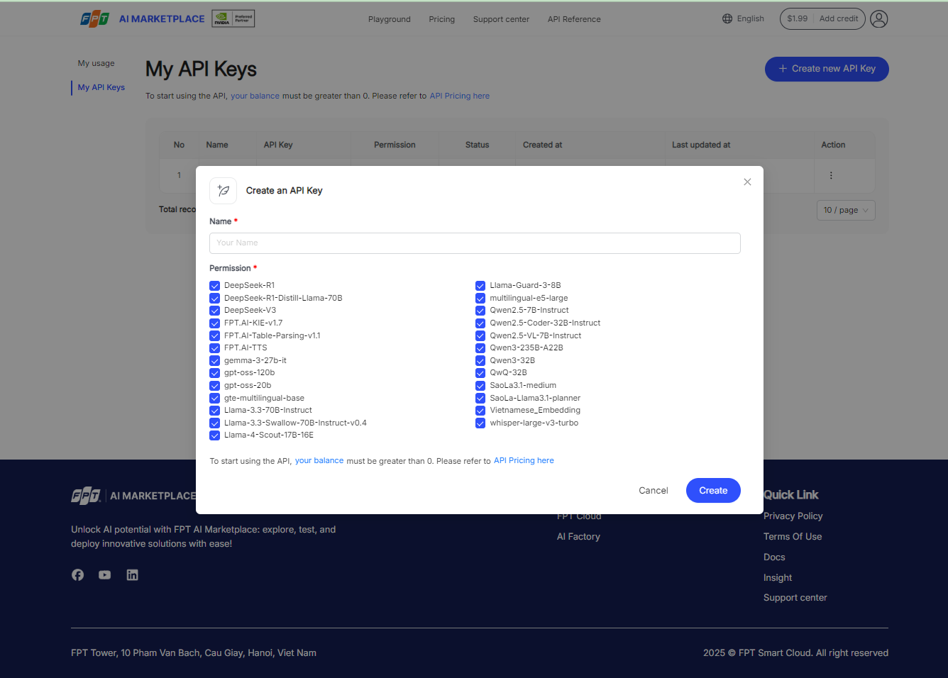 API キー作成フォームのスクリーンショット